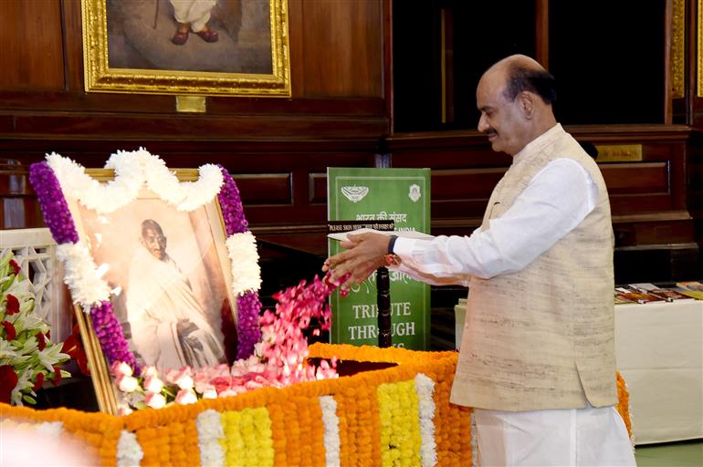 The Speaker of Lok Sabha, Shri Om Birla paying floral tributes to Mahatma Gandhi on the occasion of Gandhi Jayanti at Parliament House, in New Delhi on October 02, 2026.