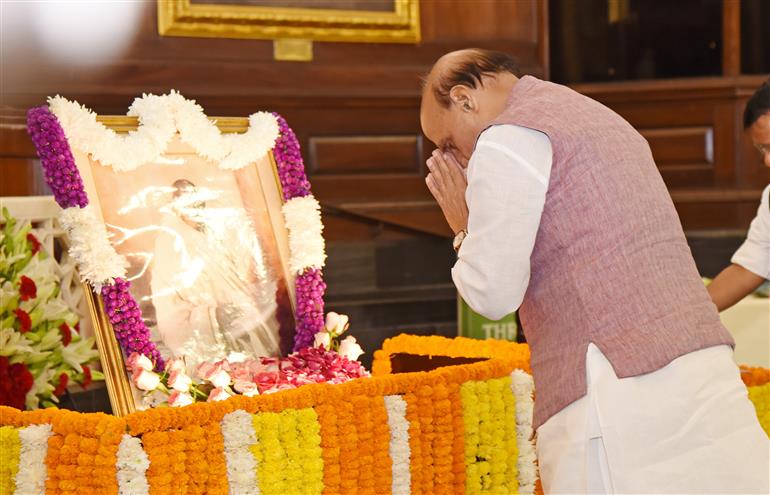 The Union Minister for Defence, Shri Rajnath Singh paying homage to Mahatma Gandhi on the occasion of Gandhi Jayanti at Parliament House, in New Delhi on October 02, 2026.