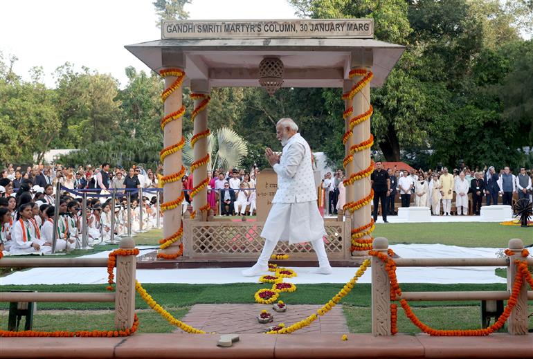 PM performing parikrama at Gandhi Smriti on the occasion of Gandhi Jayanti, in New Delhi on October 02, 2026.