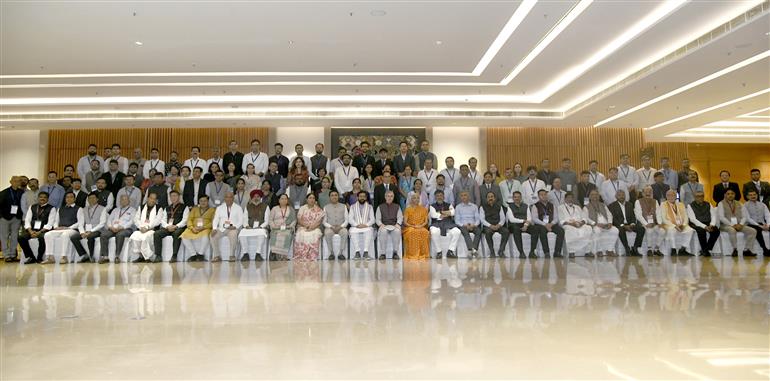 The Union Minister for Finance and Corporate Affairs, Smt. Nirmala Sitharaman in group photographs during the 57th meeting of the Goods and Service Tax (GST) Council at Bharat Mandapam, in New Delhi on October 08, 2026.:Ministry of Finance