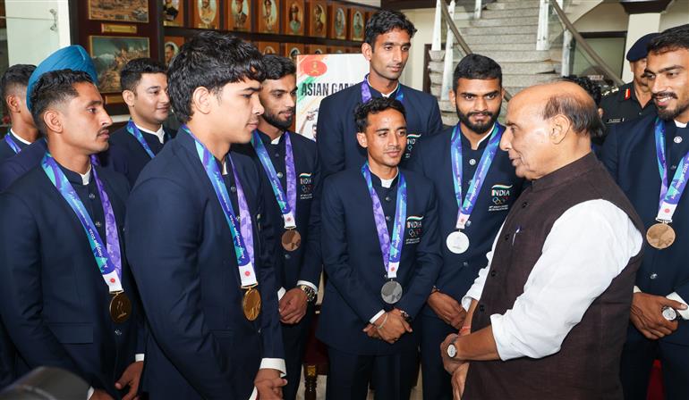 The Union Minister for Defence, Shri Rajnath Singh, felicitated the sportspersons from the defence forces who bagged 27 medals - 06 Gold, 11 Silver and 10 Bronze - at the recently concluded Asian Games in Japan, on October 12, 2026.