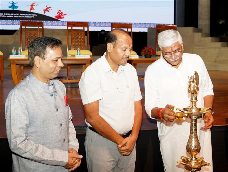 The Union Minister of Culture and Tourism, Shri Gajendra Singh Shekhawat lighting the lamp at the inauguration ceremony of the BRICS Theatre Festival - 2026 as the chief guest held at National School of Drama (NSD), in New Delhi on October 12, 2026.