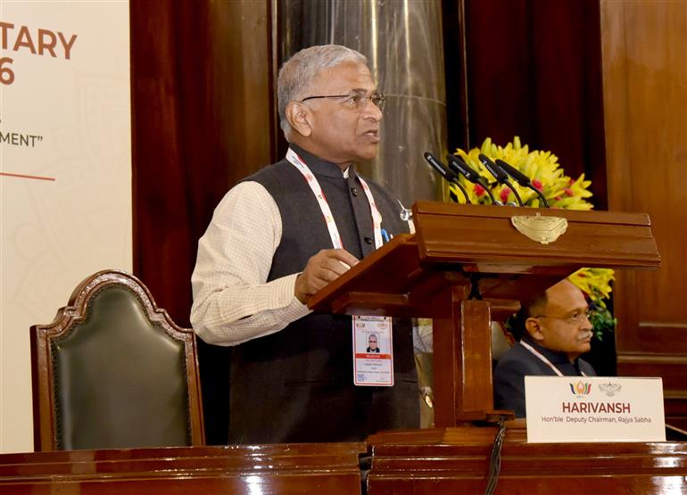 राज्यसभा के उपसभापति श्री हरिवंश 26 अक्टूबर, 2026 को नई दिल्ली स्थित संसद भवन में 12वें ब्रिक्स संसदीय फोरम 2026 के उद्घाटन सत्र को संबोधित करते हुए।