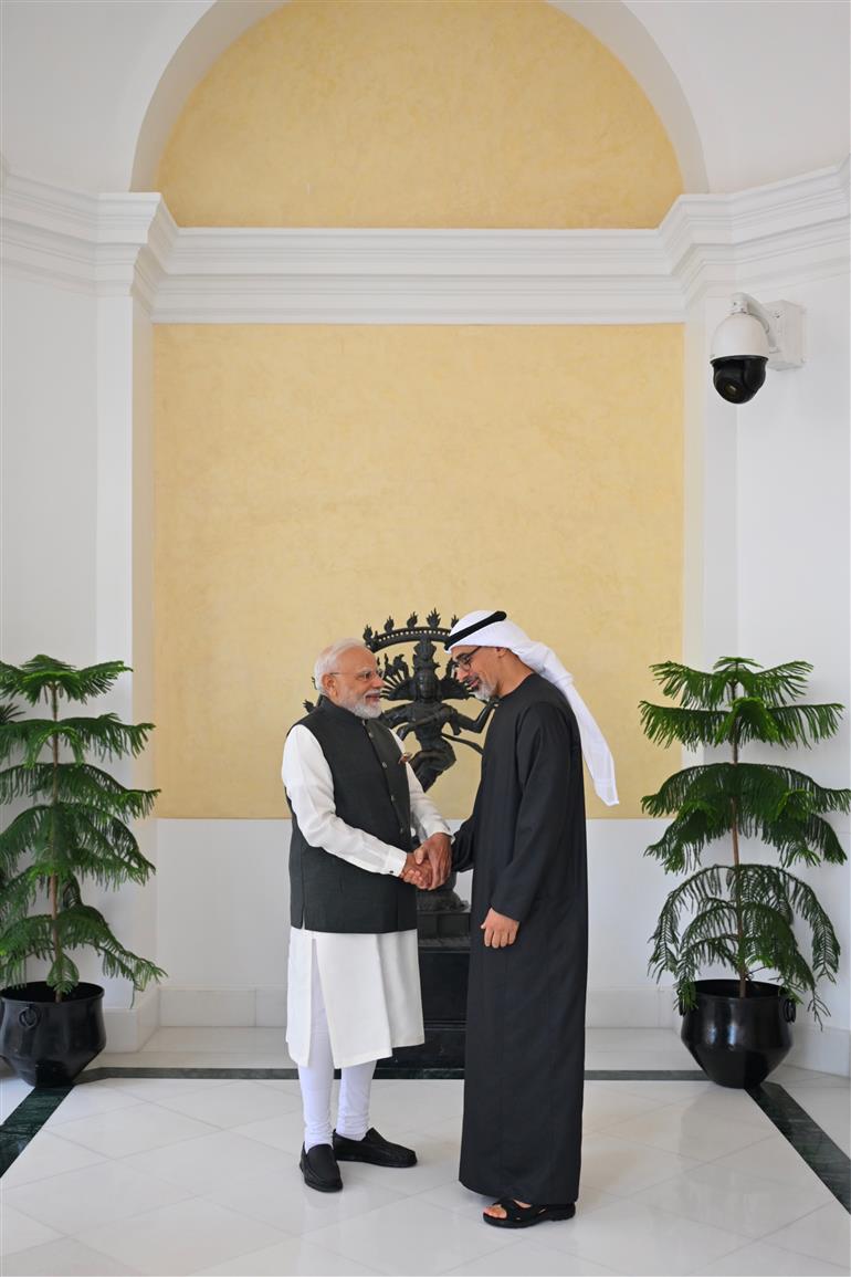 PM meeting with Crown Prince of Abu Dhabi, Sheikh Khaled Bin Mohamed Bin Zayed Al Nahyan on the sidelines of the 18th BRICS Summit, in New Delhi on September 12, 2026.

