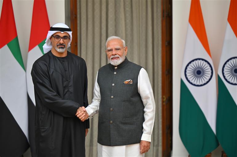 PM meeting with Crown Prince of Abu Dhabi, Sheikh Khaled Bin Mohamed Bin Zayed Al Nahyan on the sidelines of the 18th BRICS Summit, in New Delhi on September 12, 2026.

