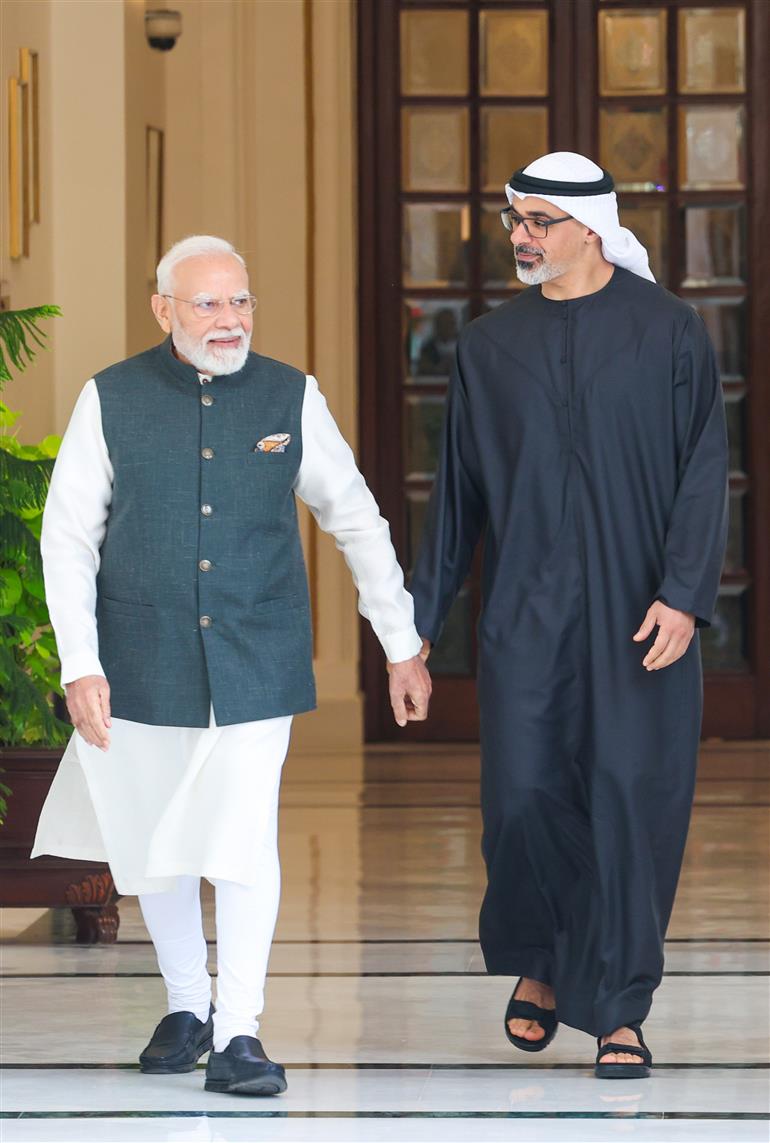 PM meeting with Crown Prince of Abu Dhabi, Sheikh Khaled Bin Mohamed Bin Zayed Al Nahyan on the sidelines of the 18th BRICS Summit, in New Delhi on September 12, 2026.

