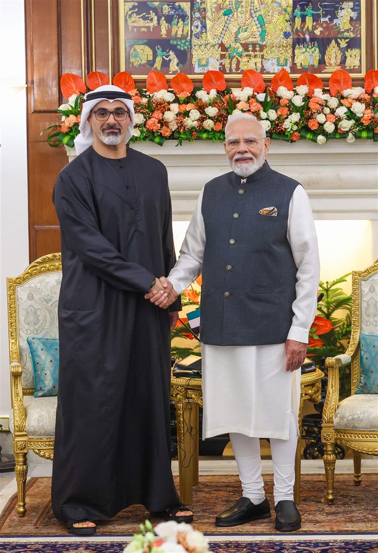 PM meeting with Crown Prince of Abu Dhabi, Sheikh Khaled Bin Mohamed Bin Zayed Al Nahyan on the sidelines of the 18th BRICS Summit, in New Delhi on September 12, 2026.

