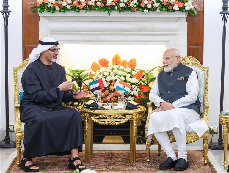 PM meeting with Crown Prince of Abu Dhabi, Sheikh Khaled Bin Mohamed Bin Zayed Al Nahyan on the sidelines of the 18th BRICS Summit, in New Delhi on September 12, 2026.

