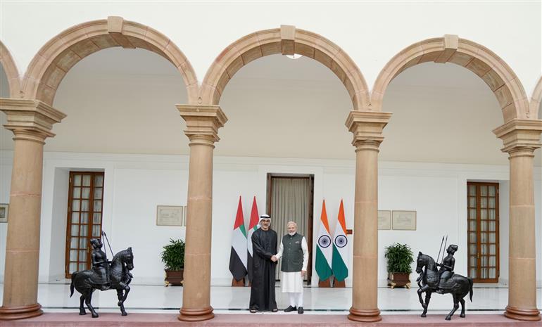 PM meeting with Crown Prince of Abu Dhabi, Sheikh Khaled Bin Mohamed Bin Zayed Al Nahyan on the sidelines of the 18th BRICS Summit, in New Delhi on September 12, 2026.


