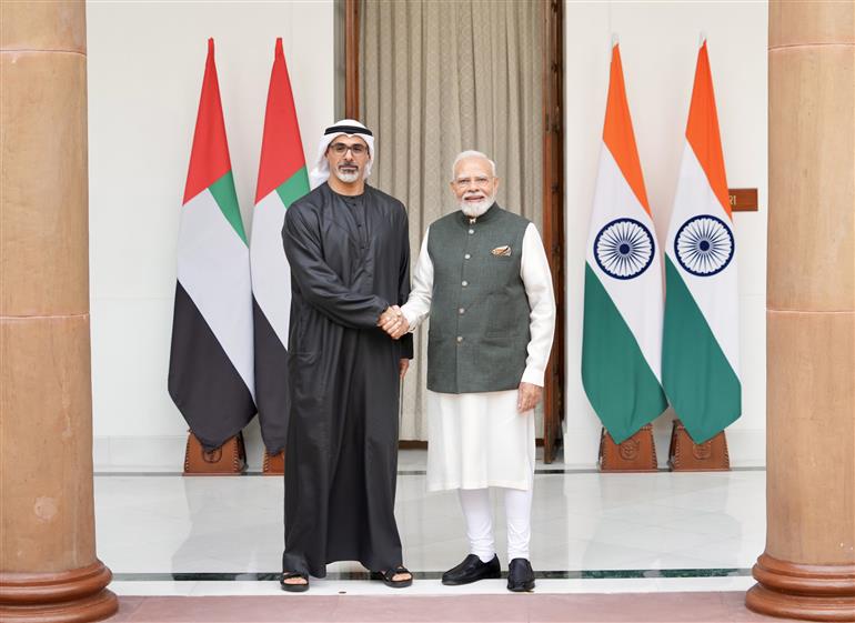 PM meeting with Crown Prince of Abu Dhabi, Sheikh Khaled Bin Mohamed Bin Zayed Al Nahyan on the sidelines of the 18th BRICS Summit, in New Delhi on September 12, 2026.

