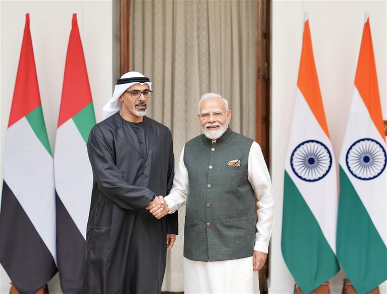 PM meeting with Crown Prince of Abu Dhabi, Sheikh Khaled Bin Mohamed Bin Zayed Al Nahyan on the sidelines of the 18th BRICS Summit, in New Delhi on September 12, 2026.

