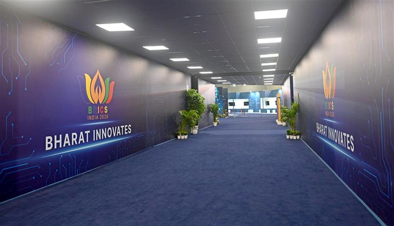 13 सितंबर, 2026 को नई दिल्ली में आयोजित ब्रिक्स शिखर सम्मेलन 2026 के दौरान भारत मंडपम की एक झलक।