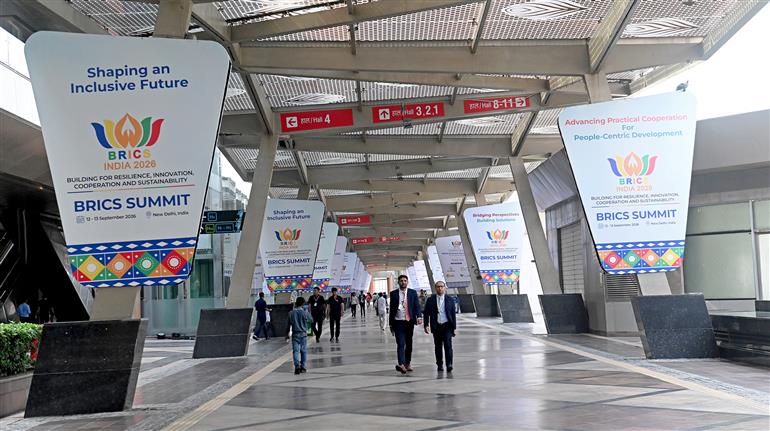 13 सितंबर, 2026 को नई दिल्ली में आयोजित ब्रिक्स शिखर सम्मेलन 2026 के दौरान भारत मंडपम की एक झलक।