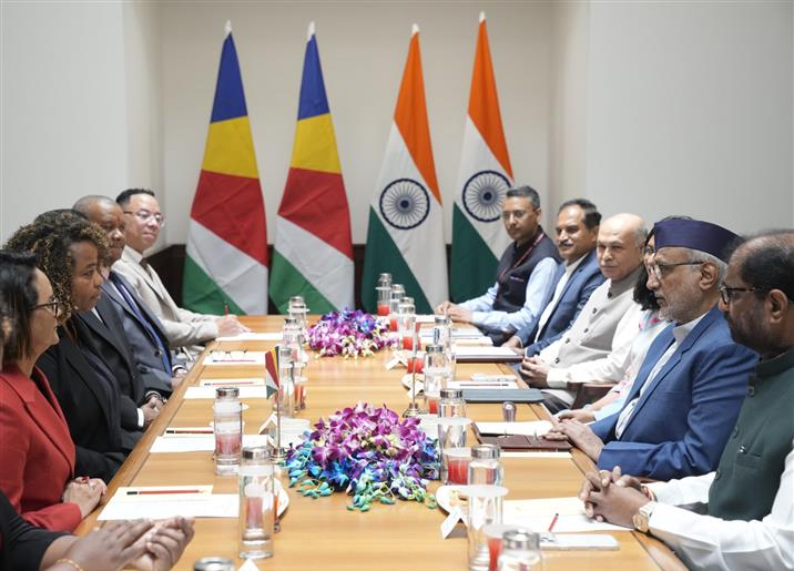 The Vice-President of India, Shri C. P. Radhakrishnan welcomed the Parliamentary Delegation from Seychelles headed by H.E. Azarel Ernesta, Speaker of the National Assembly of Seychelles at Parliament House, on September 03, 2026.