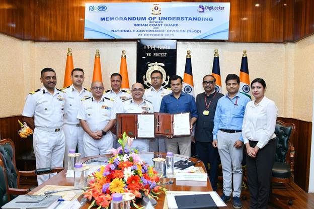 Indian Coast Guard officials signing MoU with NeGD for DigiLocker integration