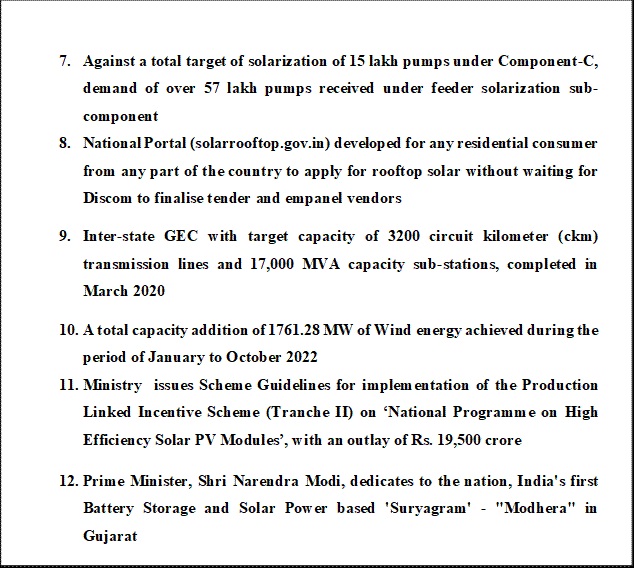 Text Box: 7.	Against a total target of solarization of 15 lakh pumps under Component-C, demand of over 57 lakh pumps received under feeder solarization sub-component8.	National Portal (solarrooftop.gov.in) developed for any residential consumer from any part of the country to apply for rooftop solar without waiting for Discom to finalise tender and empanel vendors9.	Inter-state GEC with target capacity of 3200 circuit kilometer (ckm) transmission lines and 17,000 MVA capacity sub-stations, completed in March 202010.	A total capacity addition of 1761.28 MW of Wind energy achieved during the period of January to October 202211.	Ministry  issues Scheme Guidelines for implementation of the Production Linked Incentive Scheme (Tranche II) on ‘National Programme on High Efficiency Solar PV Modules’, with an outlay of Rs. 19,500 crore12.	Prime Minister, Shri Narendra Modi, dedicates to the nation, India's first Battery Storage and Solar Power based 'Suryagram' - 
