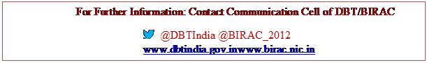 Text Box: For Further Information: Contact Communication Cell of DBT/BIRAC 	@DBTIndia @BIRAC_2012www.dbtindia.gov.inwww.birac.nic.in