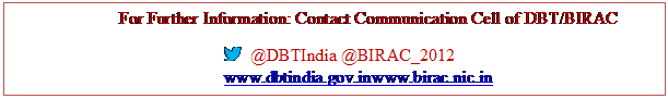 Text Box: For Further Information: Contact Communication Cell of DBT/BIRAC  @DBTIndia @BIRAC_2012www.dbtindia.gov.inwww.birac.nic.in