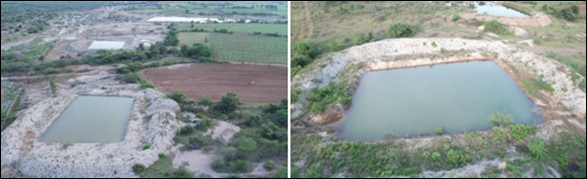 The image depicts a series of aerial views showing an abandoned, partially developed land with an open pit, surrounded by natural vegetation and distant rural scenery.AI-generated content may be incorrect.