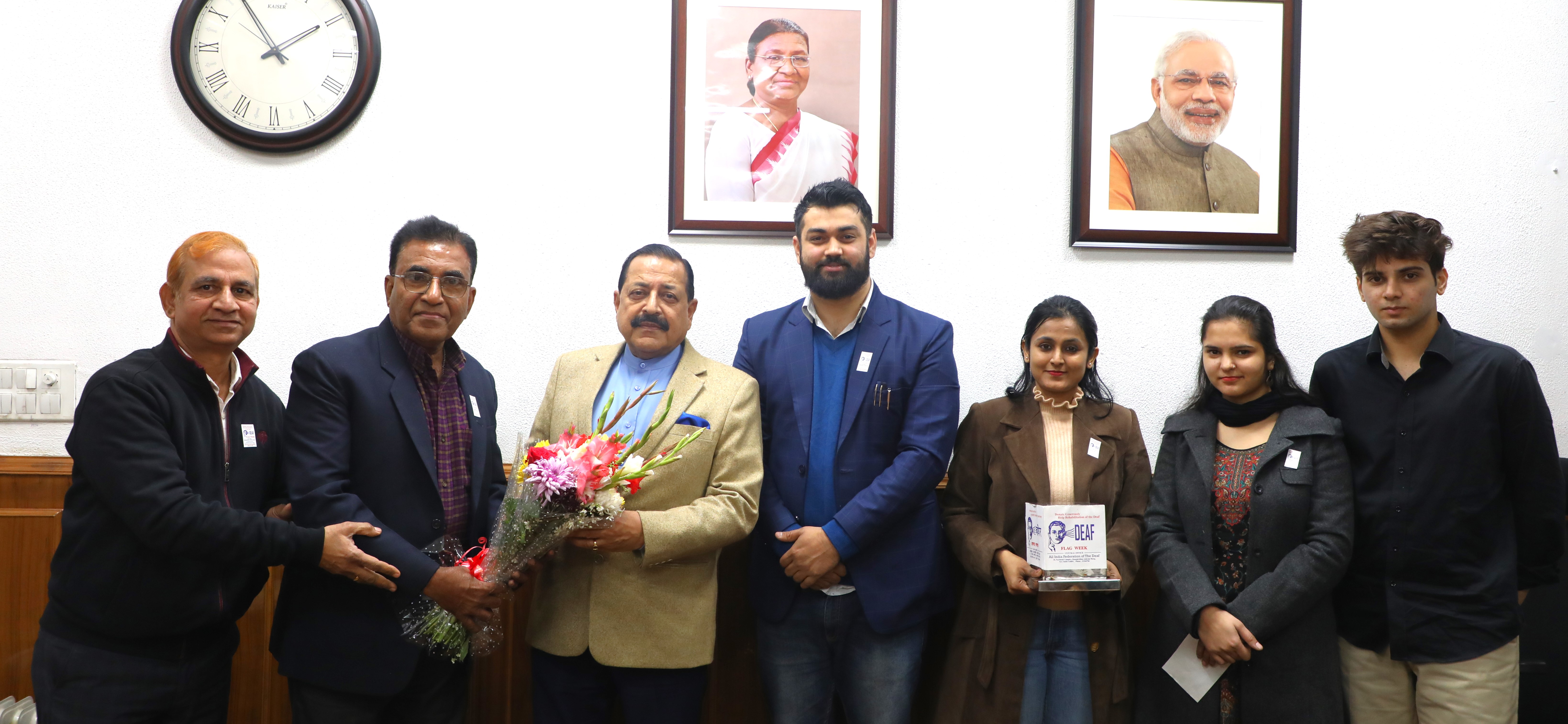 A delegation of the All India Federation of the Deaf (AIFD) calls on Union Minister Dr Jitendra Singh and pins Flag ahead of the 68th Flag Week of the Deaf from 1st to 7th February