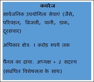 Text Box: कवरेजसार्वजनिक उपयोगिता सेवाएं (जैसे, परिवहन, बिजली, पानी, डाक, दूरसंचार)अधिकार क्षेत्र: 1 करोड़ रुपये तकपैनल का ढांचा: अध्यक्ष + 2 सदस्य (संबंधित विशेषज्ञता के साथ)