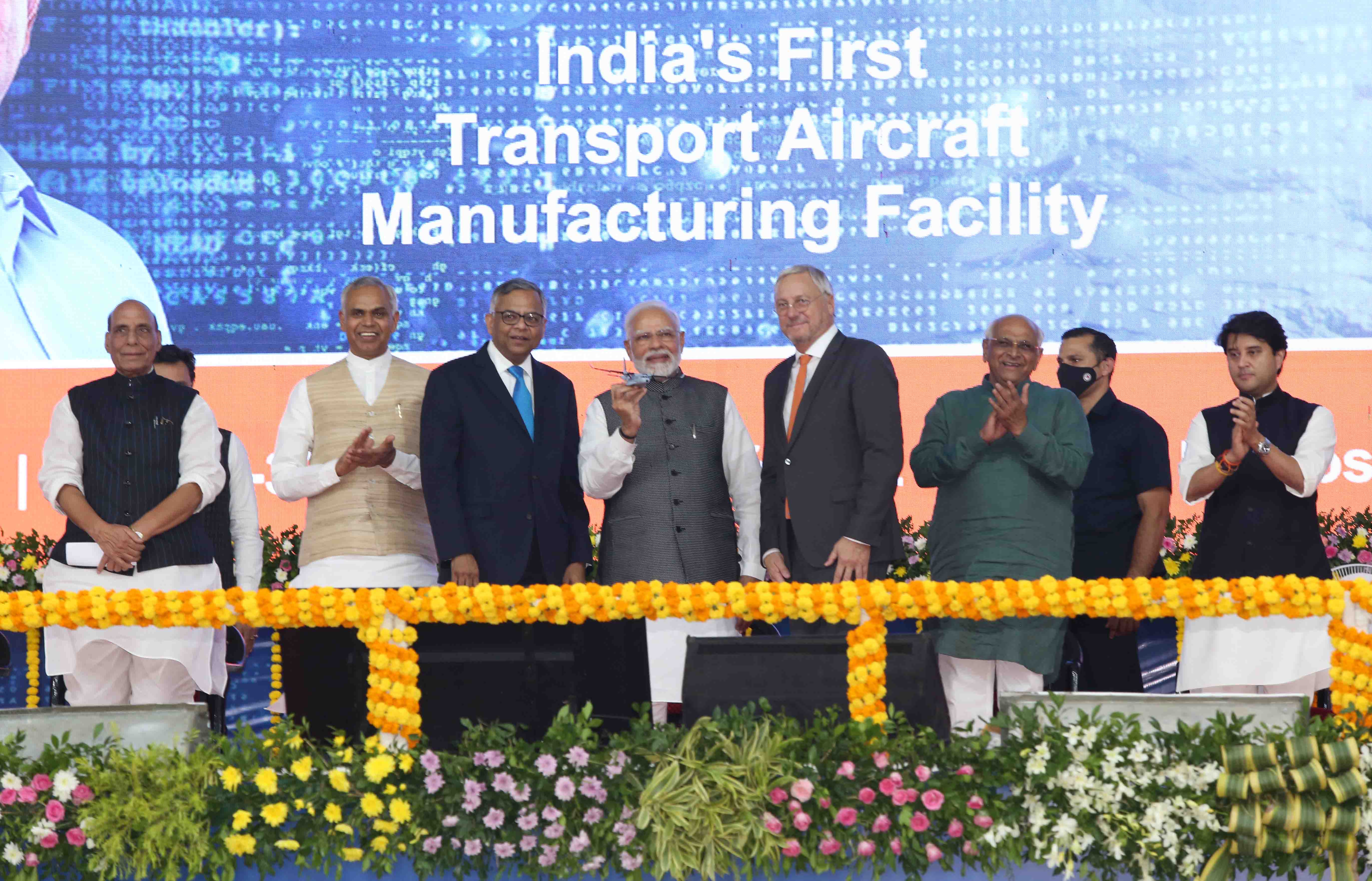 PM Shri Narendra Modi with Tata Sons Chairman Shri N Chandrasekaran & Airbus Chief Commercial Officer Mr. Christian Scherer at the foundation stone laying event in Vadodara, Gujarat