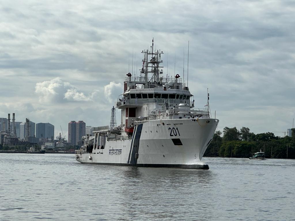 Indian Coast Guard Ship Samudra Prahari on an overseas deployment to ASEAN countries as part of India’s initiative for Marine Pollution Response in the region