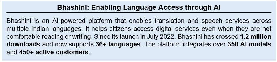 Text Box: Bhashini: Enabling Language Access through AIBhashini is an AI-powered platform that enables translation and speech services across multiple Indian languages. It helps citizens access digital services even when they are not comfortable reading or writing. Since its launch in July 2022, Bhashini has crossed 1.2 million downloads and now supports 36+ languages. The platform integrates over 350 AI models and 450+ active customers. 