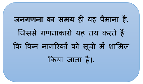 Flowchart: Alternate Process: जनगणना का समय ही वह पैमाना है, जिससे गणनाकारों यह तय करते हैं कि किन नागरिकों को सूची में शामिल किया जाना है।. 