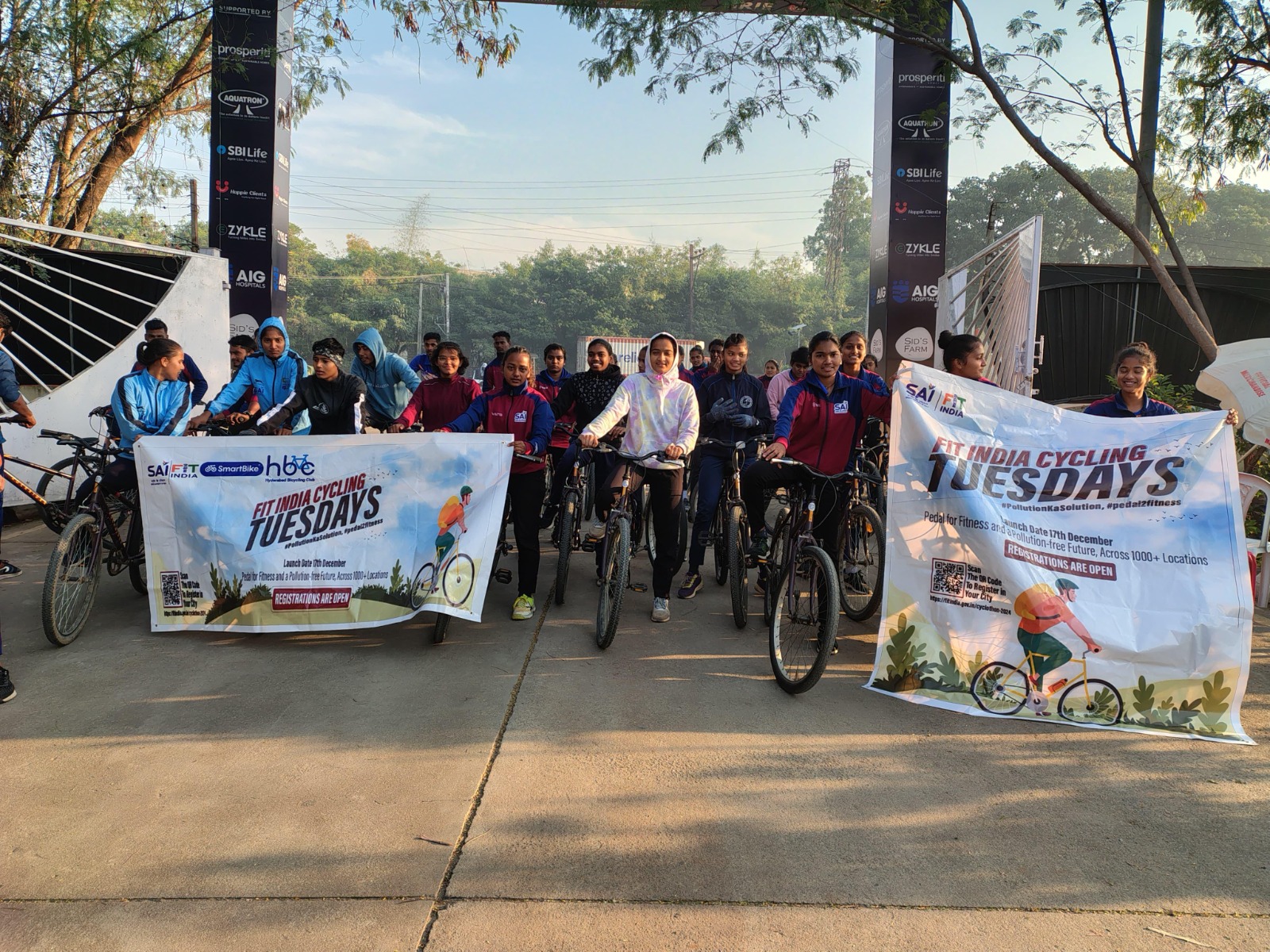 Fit India cycling participants assembled for a public ride