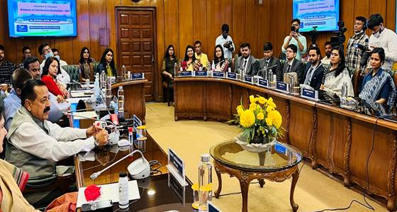 Union Minister Dr Jitendra Singh interacts and felicitates first 20 All India Toppers of IAS/ Civil Services Exam 2021 at DoPT, North Block