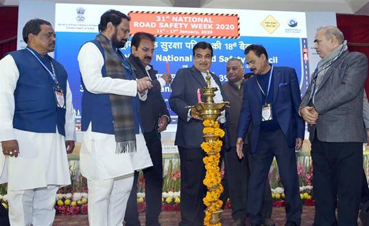 The Union Minister for Road Transport & Highways and Micro, Small & Medium Enterprises, Shri Nitin Gadkari lighting the lamp at the 18th Meeting of National Road Safety Council (NRSC) and 39th Meeting of Transport Development Council (TDC), in New Delhi on January 16, 2020.The Minister of State for Road Transport and Highways, General (Retd.) V.K. Singh and other dignitaries are also seen. 