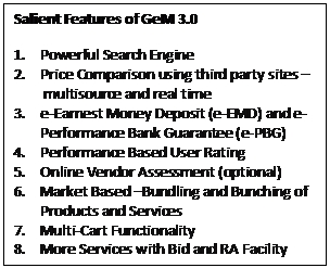 Text Box: Salient Features of GeM 3.01.	Powerful Search Engine2.	Price Comparison using third party sites – multisource and real time3.	e-Earnest Money Deposit (e-EMD) and e-Performance Bank Guarantee (e-PBG)4.	Performance Based User Rating5.	Online Vendor Assessment (optional)6.	Market Based –Bundling and Bunching of Products and Services7.	Multi-Cart Functionality8.	More Services with Bid and RA Facility