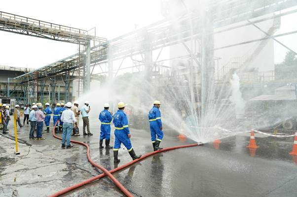 Fire fighting teams in action at the safety mock drill conducted at visakhapatnam steel plant.JPG