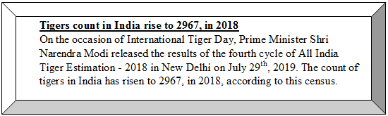 Bevel: Tigers count in India rise to 2967, in 2018On the occasion of International Tiger Day, Prime Minister Shri Narendra Modi released the results of the fourth cycle of All India Tiger Estimation - 2018 in New Delhi on July 29th, 2019. The count of tigers in India has risen to 2967, in 2018, according to this census.