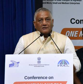 Minister of State for Road Transport and Highways Gen. (Retd.) V.K Singh speaking at the conference on ‘One Nation One Tag – FASTag’ in New Delhi today.