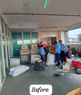 A group of people standing in a room with bags of trashAI-generated content may be incorrect.