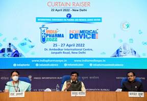 Union Minister for Chemicals & Fertilizers and Health & Family Welfare, Dr Mansukh Mandaviya addresses the media conference ahead of 7th edition of India Pharmaceutical and Medical Devices Conference 2022, which is being scheduled from 25th to 27th April