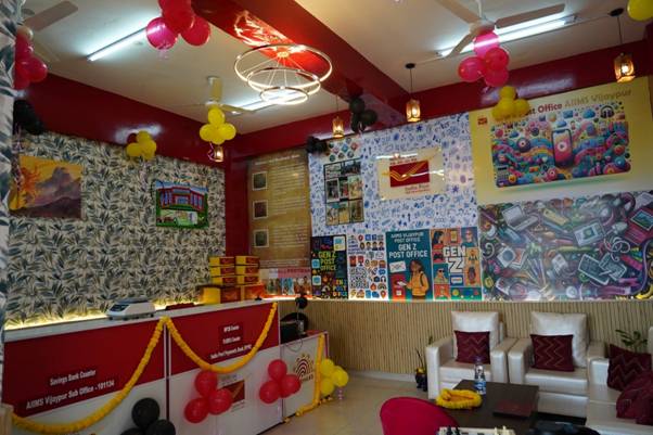 A room with balloons and a table