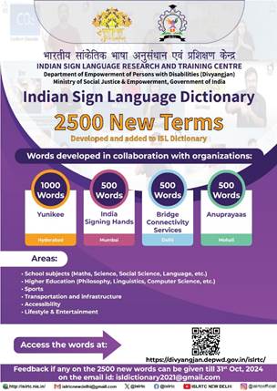 The infographic showcases the launch of 2500 Indian Sign Language (ISL) terms across various subjects such as math, science, philosophy, and higher education topics. It highlights the collaboration with four organizations—Yunikee, India Signing Hands, Bridge Connectivity Services, and Anuprayaas. each contributing to the development of these terms. The logos of Department and ISLRTC are placed at the above