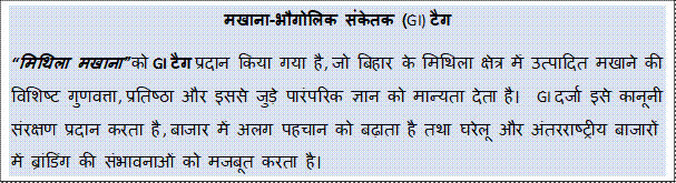 Text Box: मखाना-भौगोलिक संकेतक (GI) टैग “मिथिला मखाना” को GI टैग प्रदान किया गया है, जो बिहार के मिथिला क्षेत्र में उत्पादित मखाने की विशिष्ट गुणवत्ता, प्रतिष्ठा और इससे जुड़े पारंपरिक ज्ञान को मान्यता देता है। GI दर्जा इसे कानूनी संरक्षण प्रदान करता है, बाजार में अलग पहचान को बढ़ाता है तथा घरेलू और अंतरराष्ट्रीय बाजारों में ब्रांडिंग की संभावनाओं को मजबूत करता है।