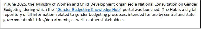Text Box: In June 2025, the Ministry of Women and Child Development organised a National Consultation on Gender Budgeting, during which the ‘Gender Budgeting Knowledge Hub’ portal was launched. The Hub is a digital repository of all information related to gender budgeting processes, intended for use by central and state government ministries/departments, as well as other stakeholders.