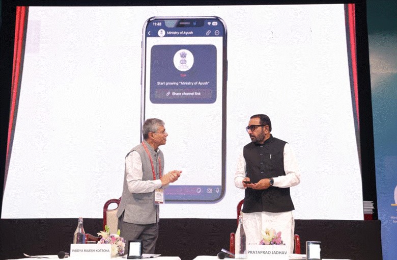 Union Ayush Minister and Secretary after launch of Official WhatsApp Channel of the Ministry of Ayush.