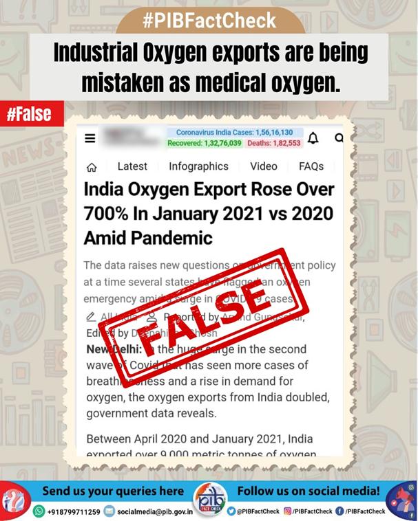 A stamp of false on a media report which claims that export of oxygen from India rose over 700% in Jan'21 vs '20.