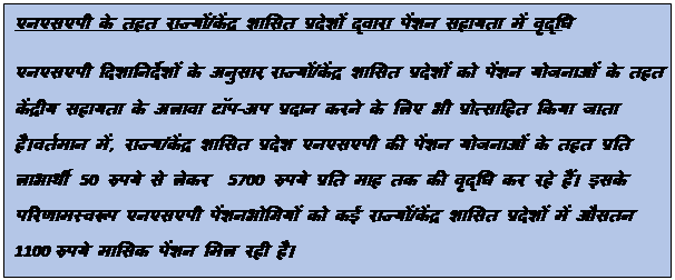 Text Box: एनएसएपी के तहत राज्यों/केंद्र शासित प्रदेशों द्वारा पेंशन सहायता में वृद्धिएनएसएपी दिशानिर्देशों के अनुसार, राज्यों/केंद्र शासित प्रदेशों को पेंशन योजनाओं के तहत केंद्रीय सहायता के अलावा टॉप-अप प्रदान करने के लिए भी प्रोत्साहित किया जाता है।वर्तमान में, राज्य/केंद्र शासित प्रदेश एनएसएपी की पेंशन योजनाओं के तहत प्रति लाभार्थी 50 रुपये से लेकर 5700 रुपये प्रति माह तक की वृद्धि कर रहे हैं। इसके परिणामस्वरूप एनएसएपी पेंशनभोगियों को कई राज्यों/केंद्र शासित प्रदेशों में औसतन 1100 रुपये मासिक पेंशन मिल रही है।
