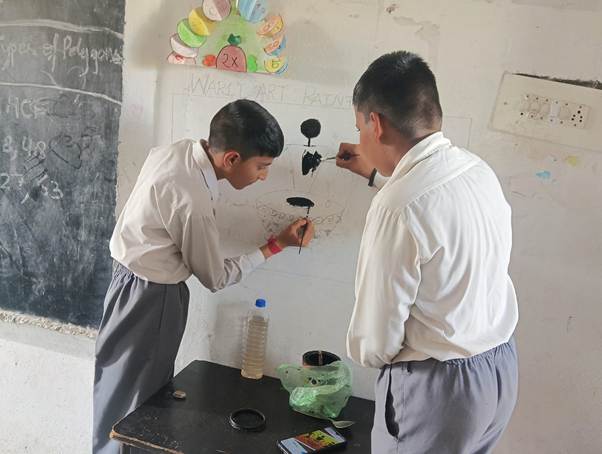 A pair of boys in uniform painting on a whiteboardAI-generated content may be incorrect.