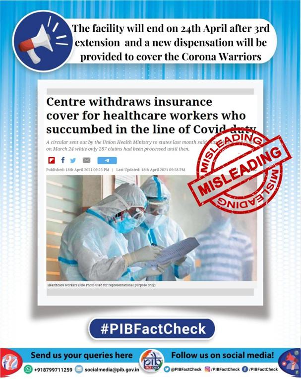 A stamp reading misleading on a news report by New Indian Express with a headline "Centre withdraws insurance cover for healthcare workers who succumbed in the line of Covid duty"