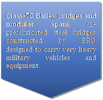 Flowchart: Off-page Connector: Class 70 Bailey bridges and modular spans are prefabricated steel bridges constructed by BRO, designed to carry very heavy military vehicles and equipment.